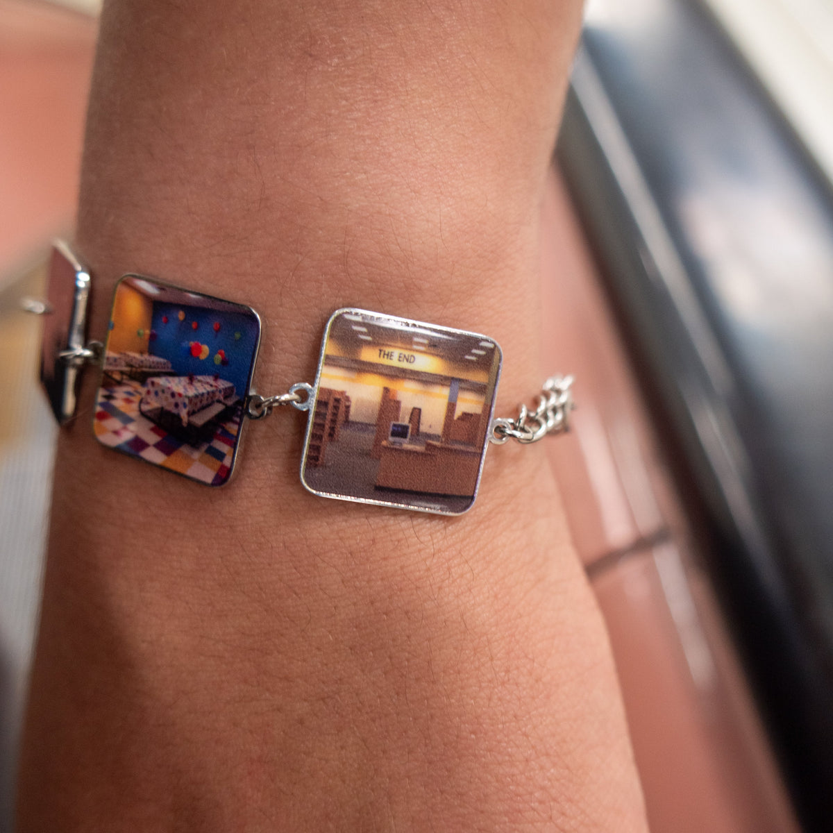 Backrooms Bracelet detail, Level 601 The End charm and party room charm worn on wrist
